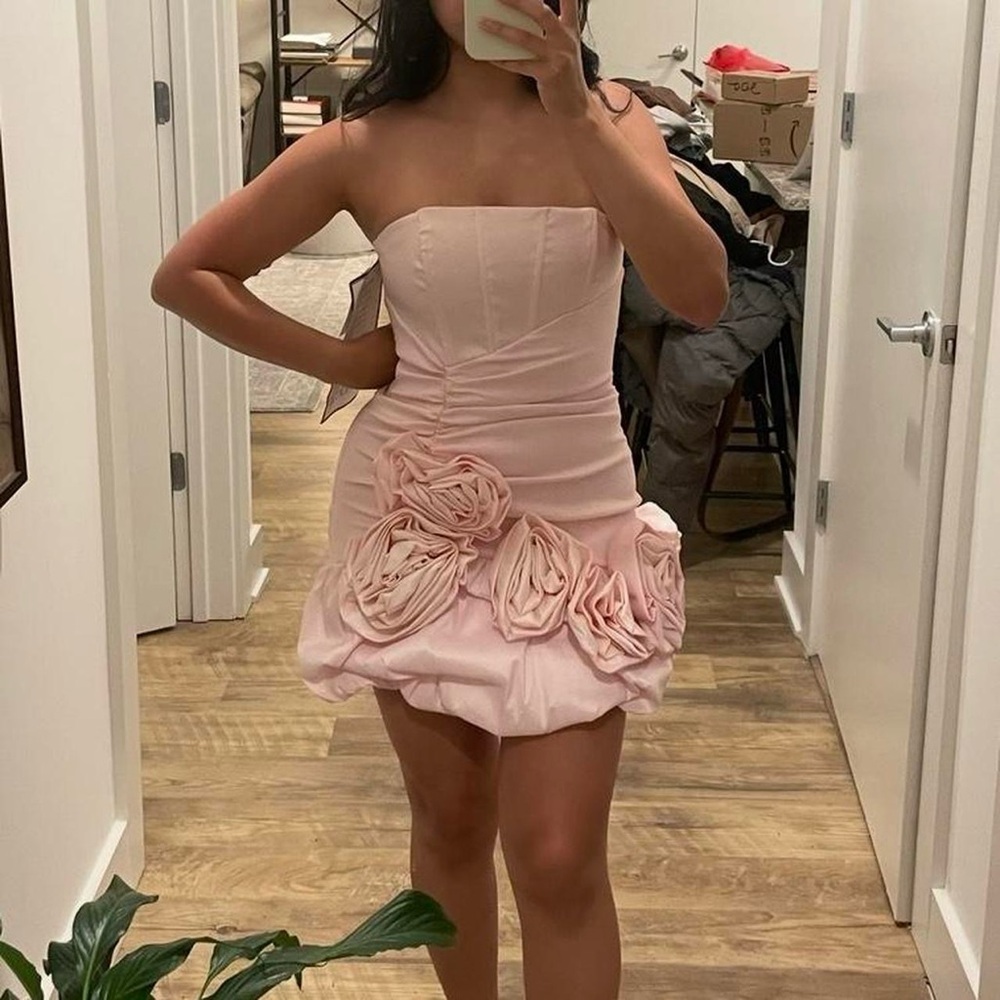 Jessica McClintock Strapless Pink Rosette Mini Dress